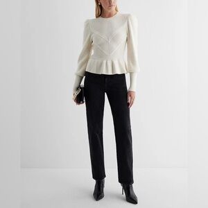 Ribbed Crew Neck Puff Sleeve Peplum Sweater by Express